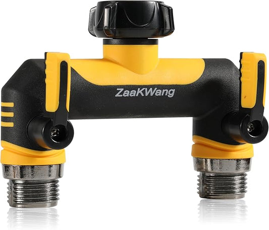 Full Flow Heavy Duty Two - Way Hose Splitter, Rugged Garden Faucet Adapter, Spout Diverter T - Way Adapter with Extended Handle, 3/4” GHT Thread, Yellow