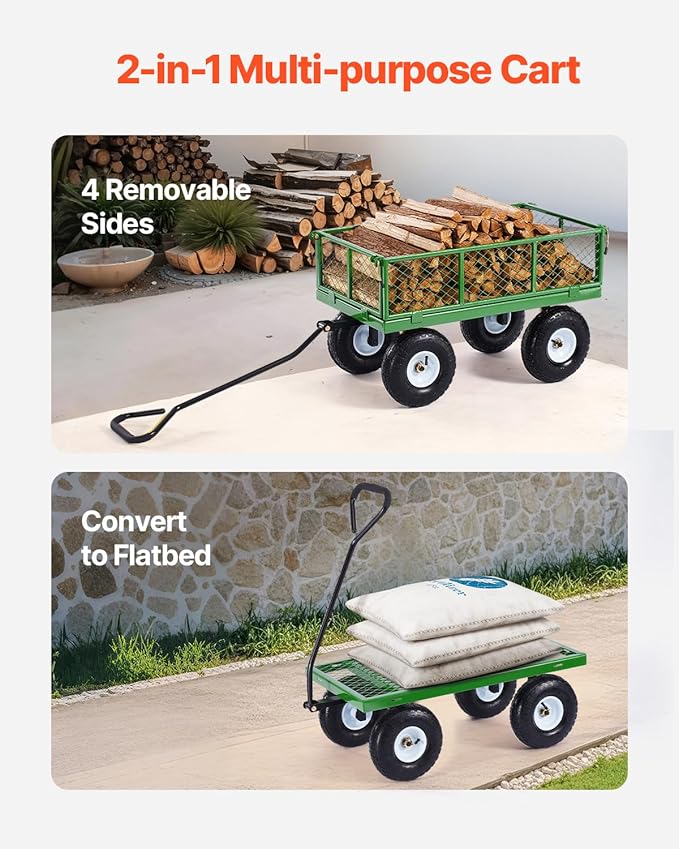 VEVOR 900 Lbs Steel Garden Cart on Wheels, Heavy Duty Pullable Garden Wagon Yard Cart, Outdoor Metal Utility Wagon with 10" Tires and Mesh Removable Sides(Convert to Flatbed), and 180°Rotating Handle