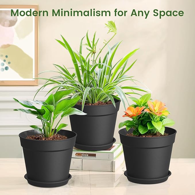 20 Pack 6 Inch Plant Pots with Drainage and Saucers, Black Plastic Flower Pots for Indoor and Outdoor Plants, Stackable Nursery Planters for Houseplants and Herbs, Black