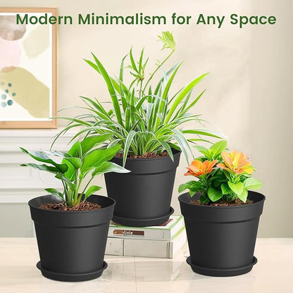 20 Pack 6 Inch Plant Pots with Drainage and Saucers, Black Plastic Flower Pots for Indoor and Outdoor Plants, Stackable Nursery Planters for Houseplants and Herbs, Black