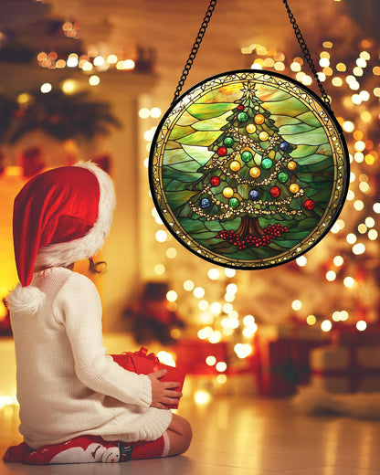 Stained Glass Window Hanging - Green Christmas Tree Gold Ribbon Suncatcher for Doors Home Christmas Decoration Sun Catcher Thanksgiving New Year Birthday Gifts for Women Men Mom Nana 11.8 in