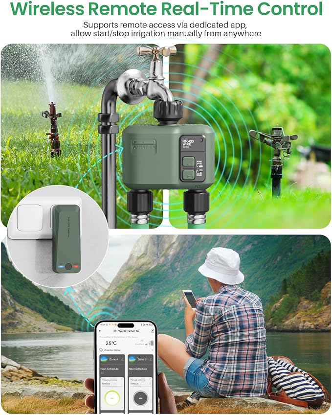 WiFi Water Timer 2 Zone for Garden Hose, Smart Sprinkler Timer with 984ft RF Range, Smart Lawn Watering System Irrigation Controller, APP/Voice Control, Rain Delay, Automatic/Manual Irrigation
