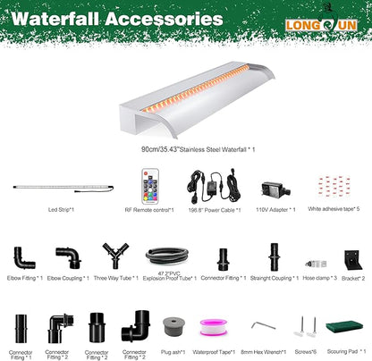 Waterfall Pool Fountain, LONGRUN Stainless Steel Waterfall Spillway for Pools and Ponds - 35.4" Wide Decorative Water Feature for Swimming Pools, Koi Ponds, and Garden