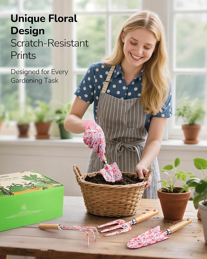 Gardening Tools, 10-Piece Gardening Gift Set for Women, Rust-Proof & Heavy-Duty Tools with Floral Organizer Bag, Fashionable & Thoughtful Gift for Garden Women (Pink)