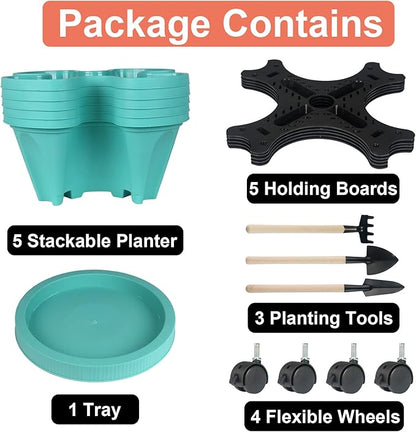 Vertical Planter 5 Tier Stackable Planters Garden Planters Strawberry Herb Flower and Vegetable Planter Indoor Outdoor Gardening Pots with Removable Wheels and Tools