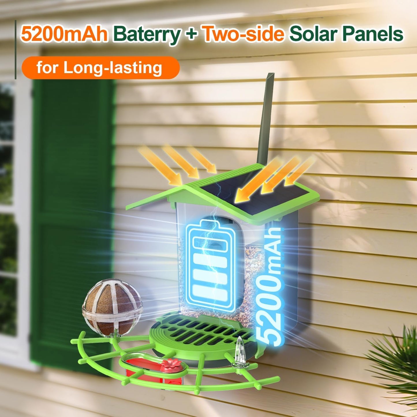 Smart Bird Feeder with Camera – 2K Live View, AI Bird Recognition, Squirrel-Proof, Dual Solar Roof, 5dB Antenna, Instant Alerts for Nature & Wildlife Lovers, Green