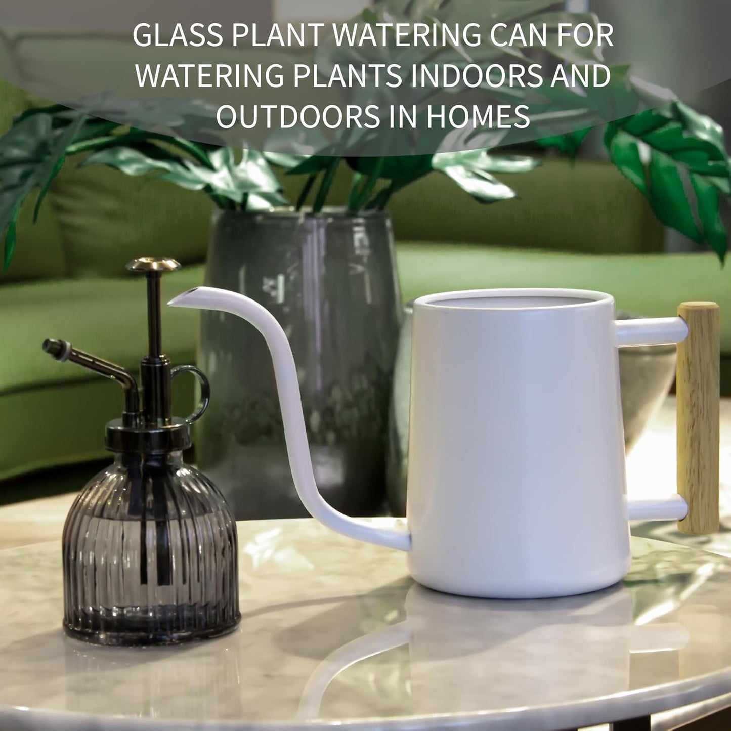 Watering can Indoor Plants,Indoor Watering Can for Plant,35 oz/1000 ml Stainless Steel Watering can Long Spout with Small Vintage Glass Plant Spray Bottle(White)