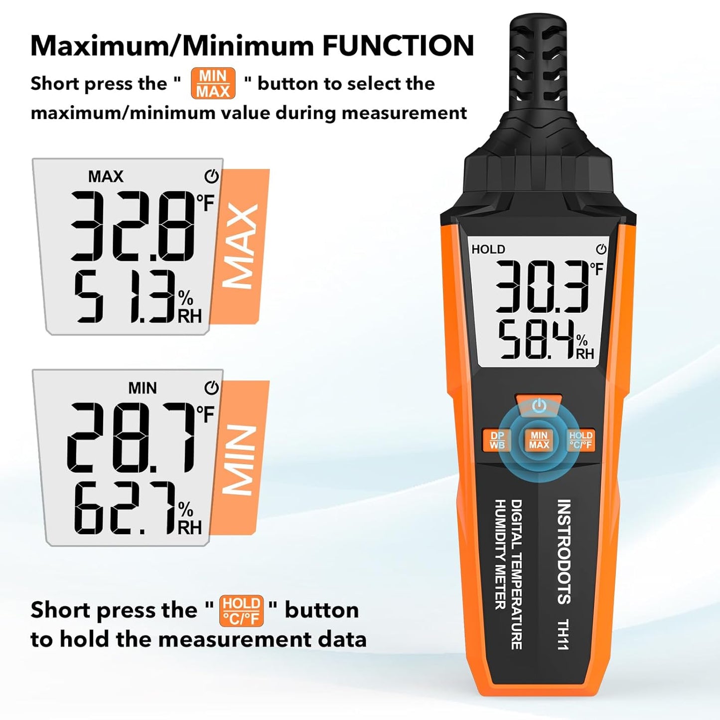 Temperature Humidity Meter, High Precision Digital Hygrometer with Ambient, Dew Point, Wet Bulb Temperature for Indoor Outdoor, Thermometer with Min/Max, Data Hold, LCD Backlight, TH11