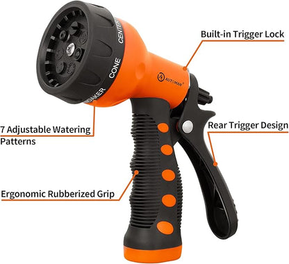 AUTOMAN-Garden-Hose-Nozzle,ABS Water Spray Nozzle with Heavy Duty 7 Adjustable Watering Patterns,Slip Resistant for Watering Plants,Lawn& Garden,Washing Cars,Cleaning,Showering Pets - Orange