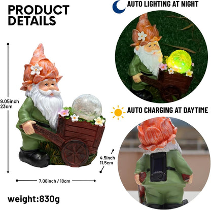 Solar Garden Gnome Statue with Crackle Glass Globe Lights, Waterproof Outdoor Decor for Patio, Lawn, or Yard, Whimsical Housewarming Gift(Green Gnomes)