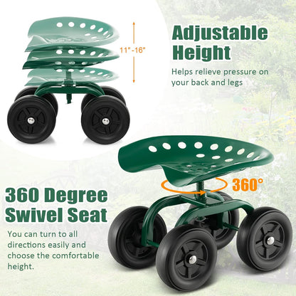 Goplus Garden Cart with Wheels, Utility Stool Cart w/Adjustable 360 Degree Swivel Seat, Outdoor Lawn Yard Rolling Work Seat, Garden Scooter for Planting (Green)