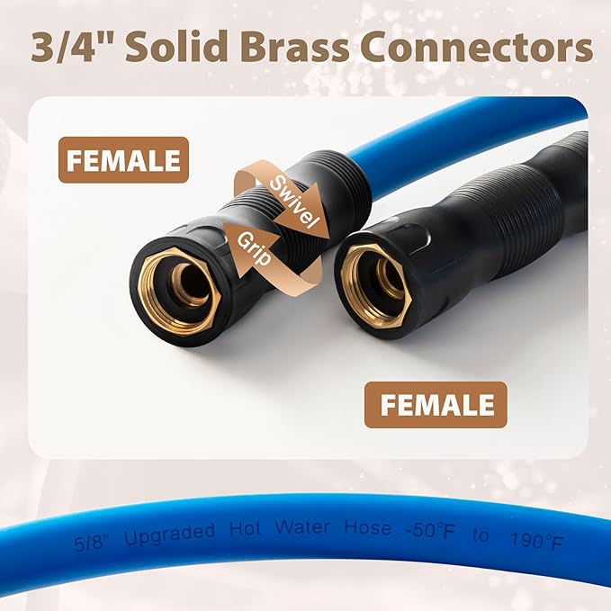 5/8" Female to Female Hot/Cold Water Leader Hose 3ft, -50℉ to 190℉ Flexible,Burst 600 Psi 3/4" Brass Fittings with Swivel Grip Handle for Outdoor,Yard, Farm, Blue