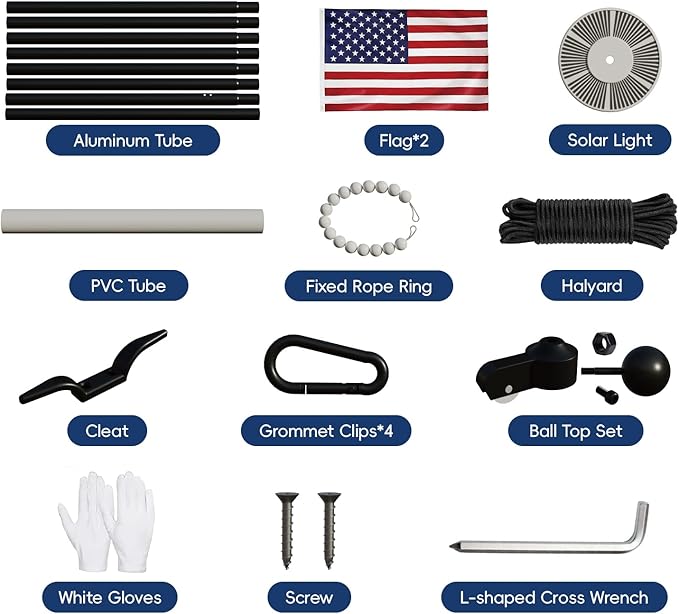 25FT Heavy Duty Flag Pole with Solar Light 11 Gauge Aluminum FlagPole Kit for Outside 100MPH Wind Tested, Includes 2PCS 3x5 Embroidered Stars US Flag for Outdoor Use
