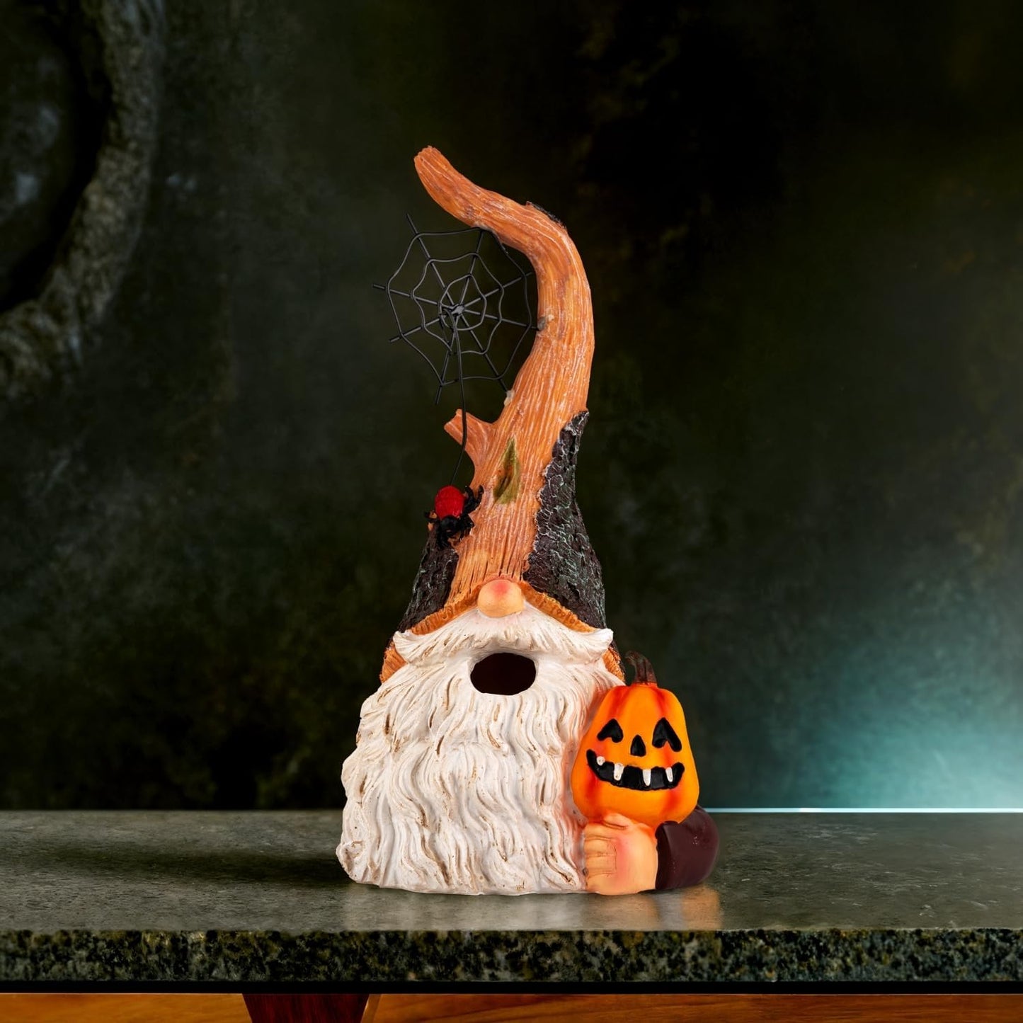 Halloween Gnomes Statue with Pumpkin and Spider Web, Resin Figurine for Yard, Porch, Lawn, Indoor – Fun Spooky Gift for Mom, Friends, Halloween Decor (No Light)