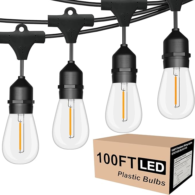 Outdoor String Lights LED 100FT Commercial Grade Heavy Duty Light String Lights with 30 Sockets 32 Shatterproof Plastic Bulbs Include 2 Spare S14 Dimmable Edison Bulbs Patio Market Cafe Light