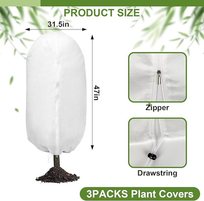 3PCS Plant Covers Freeze Protection, 47" X 31.5" Round Top Winter Zipper Plant Covers with Drawstring, Plant Protection Cover Bags, Frost Blankets Frost Cloth for Fruit Tree Potted Plants