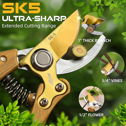 8.5" Professional Bypass Pruning Shears – Heavy Duty Garden Scissors & Clippers for Wood & Tree Trimming, Ultra Sharp SK5 Blade, Ergonomic Handle, Perfect Gardening Gift, 2025 Wood-Like Finish