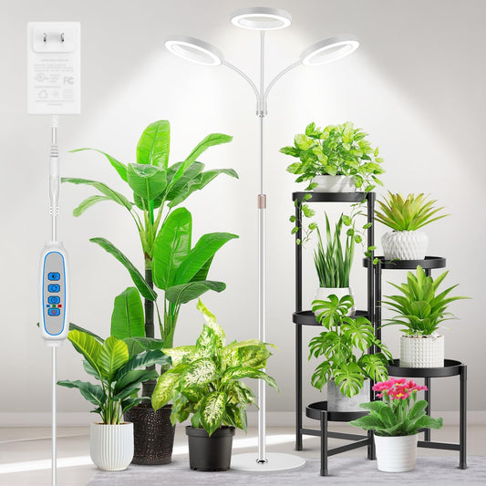 Grow Lights for Indoor Plants, 3 Head Full Spectrum Plant Light with 68" Adjustable Stand for Growing Large Tall Plants, White Halo Floor LED Grow Lamp with 16 Hour Timer