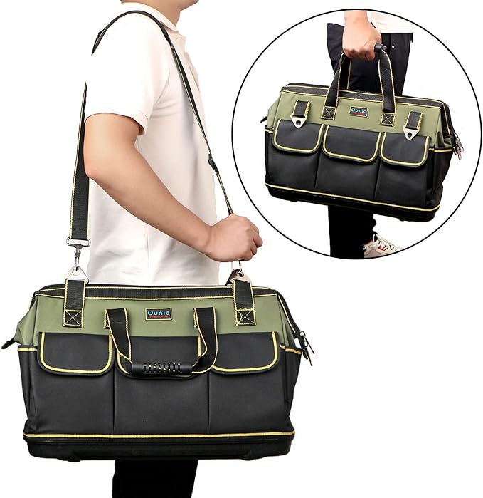 Tool Bag, Ounic 22 Inch Large Heavy Duty With Wide Mouth and Waterproof Strong Molded Base tool Organizer with Adjustable Shoulder Strap Specially Designed for Various Tools（Green)
