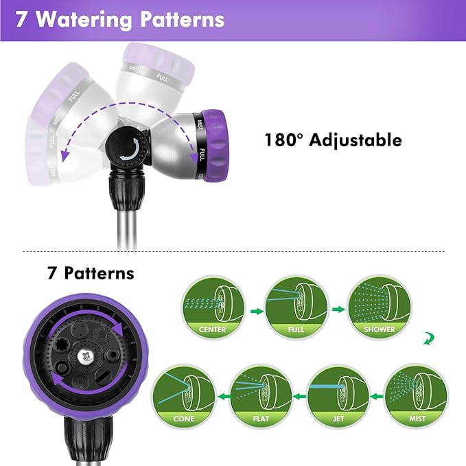 RESTMO Metal Watering Wand, Heavy Duty Garden Hose Wand with 180° Swivel Ratcheting Head, 16'' Hose Nozzle Sprayer with 7 Spray Patterns and Flow Control, for Water Hanging Baskets and Shrubs, Purple
