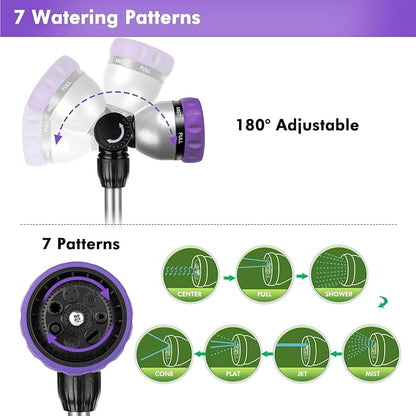RESTMO Metal Watering Wand, Heavy Duty Garden Hose Wand with 180° Swivel Ratcheting Head, 16'' Hose Nozzle Sprayer with 7 Spray Patterns and Flow Control, for Water Hanging Baskets and Shrubs, Purple