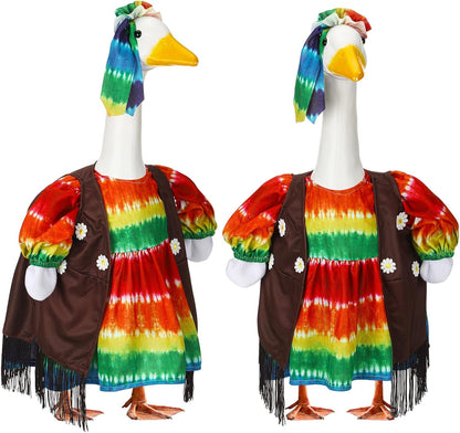 Suzile Hippie Goose Outfit Tie Dye Party Decoration Dresses Clothes for 23" High Cement or Plastic Porch Goose Costume for Holiday Yard Lawn Outdoor Garden Patio Groovy Party Rainbow Pride Statue