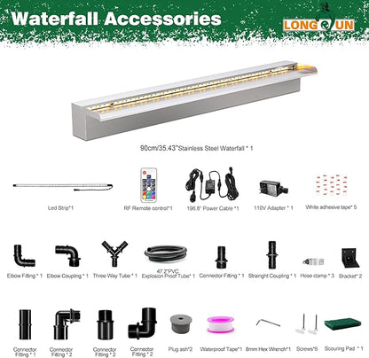LONGRUN Waterfall Pool Fountain, Updated 5.9'' Wider Open Lip Stainless Steel Waterfall Spillway, Decorative Water Feature for Swimming Pools, Koi Ponds, Spa & Garden - 35.4''