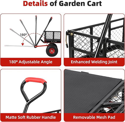 GarveeLife 880 LBS Steel Garden Dump Cart, Heavy Duty Yard Dump Utility Wagon w Removable Mesh Sides, Utility Metal Wagon w 180° Rotating Handle, 10 in Wheels Perfect for Garden, Farm, Yard