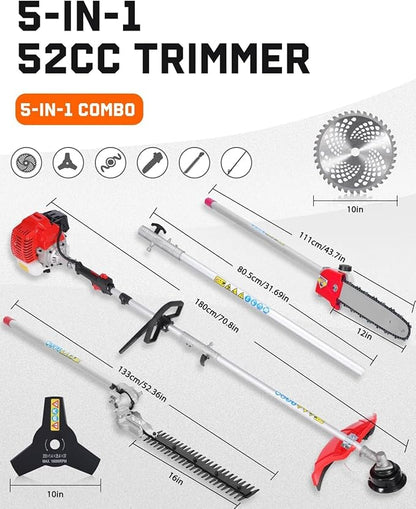 Powerful 52cc 5 in 1 Multi Functional Trimming Tools,Gas Hedge Trimmer,Weed Eater,String Trimmer, Brush Cutter,Pole Saw Chainsaw with Extension Pole, Rubber Handle & Shoulder Strap Included Red