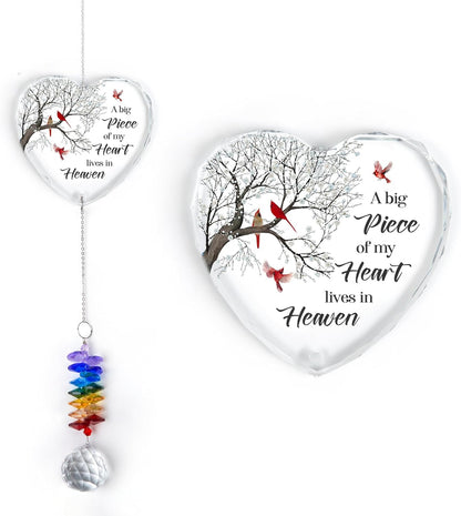 Glass Suncatcher Ornament - A Big Piece of My Heart Lives in Heaven - Sympathy Gifts for Loss of Loved Ones - Christmas Tree Remembrance Hanging Pendant - Crystal Rainbow Maker