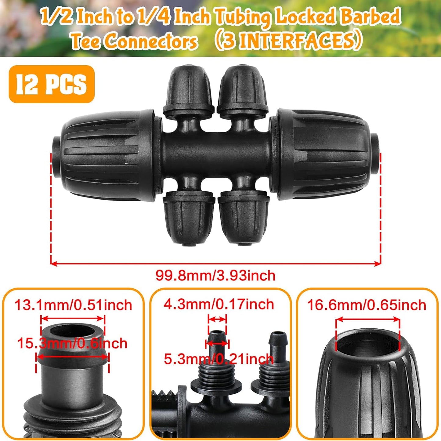 Drip Irrigation Fittings for 1/2 Inch to 1/4 Inch Tubing Reducing Tee：1/2" (1/2" ID x 0.65" OD) to 1/4" Drip Line Anti-drop Locked Nut Barbed Reducer 6 Way Tee Connectors (12 Pack)