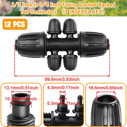 Drip Irrigation Fittings for 1/2 Inch to 1/4 Inch Tubing Reducing Tee：1/2" (1/2" ID x 0.65" OD) to 1/4" Drip Line Anti-drop Locked Nut Barbed Reducer 6 Way Tee Connectors (12 Pack)