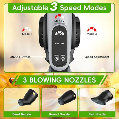 Leaf Blower Cordless-20V Lightweight Mini Leaf Blowers with 2x2.0Ah Battery and Charger,3 Blowing Nozzles & 3 Speed Modes,Battery Powered Leaf Blowers for Lawn Care,Patio,Yard,Dust