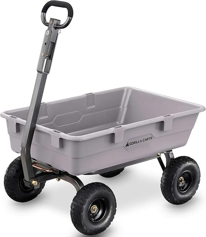 Gorilla Carts Heavy-Duty Poly Dump Cart, 5 Cu Ft Tub, 800 lb Haul Capacity, Gray – Towable Utility Wagon with Quick-Release Dumping & Pneumatic Tires for Yard, Landscaping and Gardening