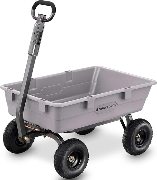 Gorilla Carts Heavy-Duty Poly Dump Cart, 5 Cu Ft Tub, 800 lb Haul Capacity, Gray – Towable Utility Wagon with Quick-Release Dumping & Pneumatic Tires for Yard, Landscaping and Gardening