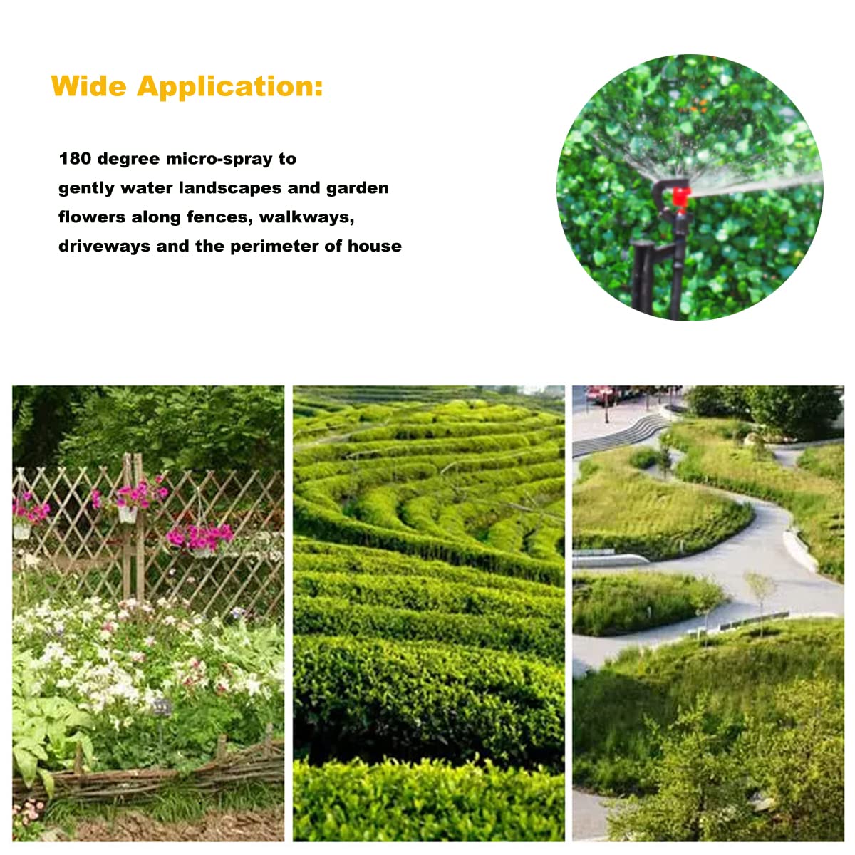 Drip Irrigation Micro Spray Emitter on 20 inch Stake with 1/4" Tubing and Barbed Coupler 180° Half Circle Pattern, 8.5’ Spraying Distance