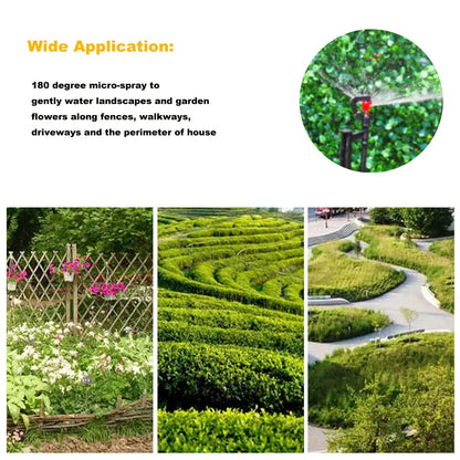 Drip Irrigation Micro Spray Emitter on 20 inch Stake with 1/4" Tubing and Barbed Coupler 180° Half Circle Pattern, 8.5’ Spraying Distance