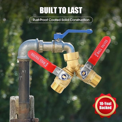 Hose Splitter 2 Way Heavy Duty, 3/4 Inch GHT Thread Y Valve Connector with Stainless Steel Long Handle, Full Flow Garden Brass Hose Splitter for Outdoor Watering, Irrigation, Washing