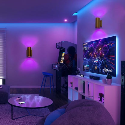 RGB Outdoor Wall Light LED Exterior Lighting Fixtures with Remote Control or App Control, 7" Handmade Gold Outdoor Sconce Lights for House Front Door Garage Patio Porch