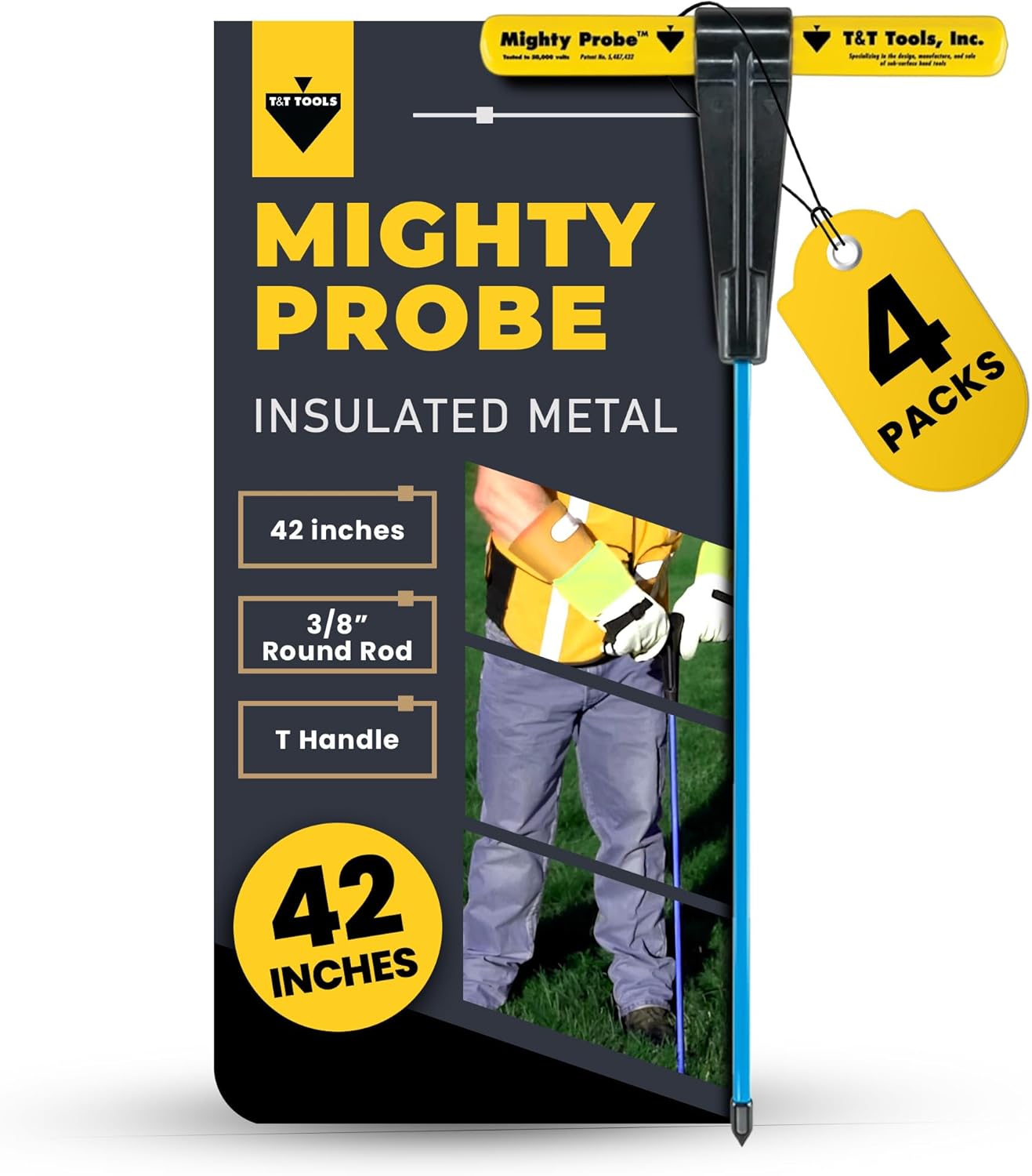 T&T Tools 42-Inch Mighty Probe Insulated Metal Soil Probe – 3/8" Metal Round Rod, Heavy Duty Design for Easy Penetration & Withdrawal, Soil Testing & Landscaping Tools, T-Handle, USA-Made-4 Pack