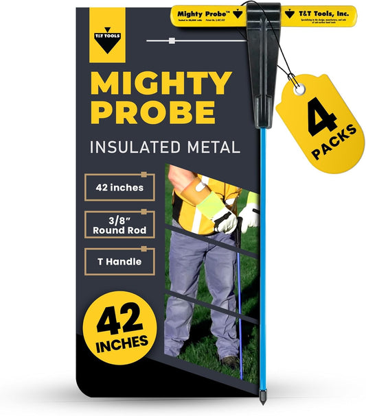 T&T Tools 42-Inch Mighty Probe Insulated Metal Soil Probe – 3/8" Metal Round Rod, Heavy Duty Design for Easy Penetration & Withdrawal, Soil Testing & Landscaping Tools, T-Handle, USA-Made-4 Pack