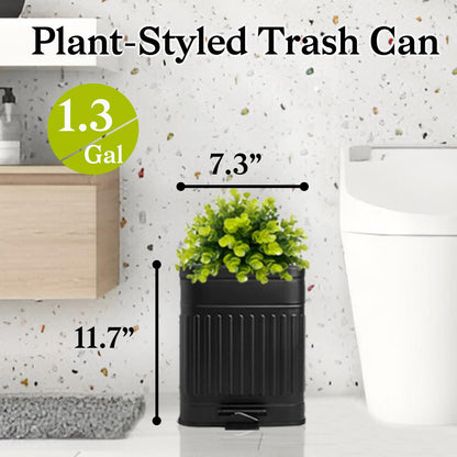 Small Trash Can with Lid, Plant-Styled Outdoor Dog Poop Trash Can Outside, Farmhouse Retro Metal Garbage Can for Bathroom Office, Dog Waste Container with Pedal, Soft Close, 5L/1.3 Gal, Black
