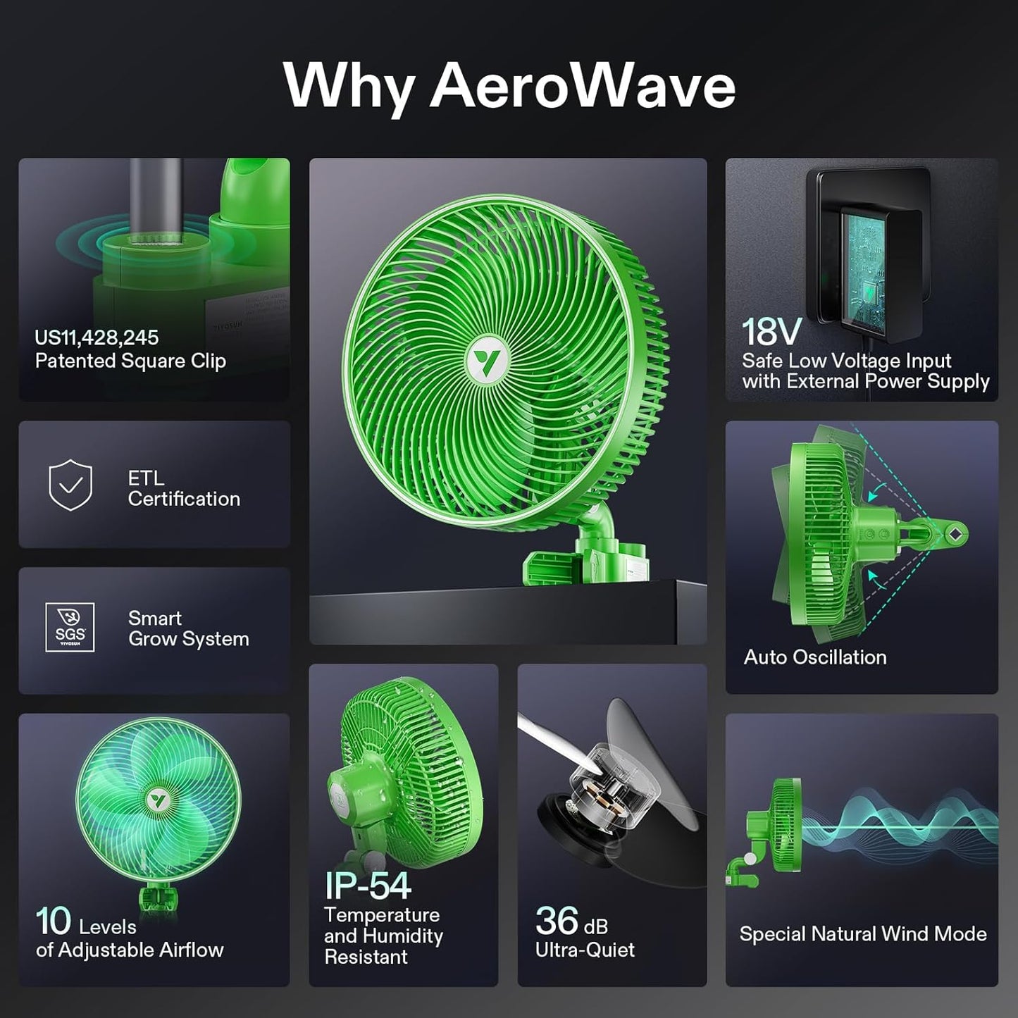 VIVOSUN AeroWave E9 Grow Tent Fan 9”, EC Motor, WiFi-Controllable, US Patented Auto Oscillating Clip fan, IP54 Weatherproof, Strong Airflow & Quiet for Hydroponic Ventilation Circulation, Green