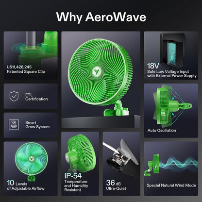VIVOSUN AeroWave E9 Grow Tent Fan 9”, EC Motor, WiFi-Controllable, US Patented Auto Oscillating Clip fan, IP54 Weatherproof, Strong Airflow & Quiet for Hydroponic Ventilation Circulation, Green