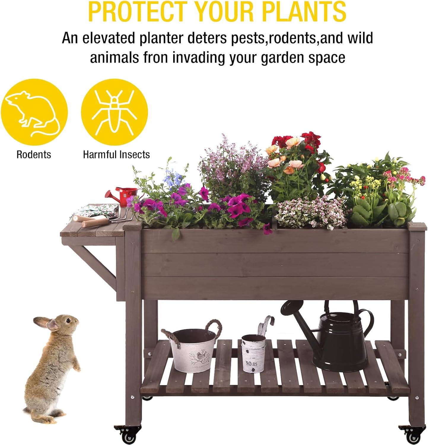 Aivituvin Raised Garden Bed on Wheels, Elevated Plant Boxes Outdoor Large with Grow Grid - with Large Storage Shelf 52.7" x 22" x 30"