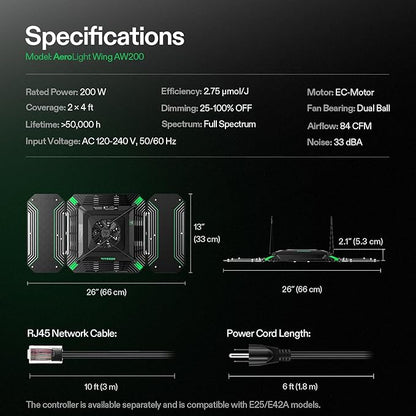 VIVOSUN AeroLight Wing AW200, Tunable Spectrum, LED Grow Light 200W with Integrated Circulation Fan, Compatible with App, Used with Controller E42A/E25 to Achieve More Functions