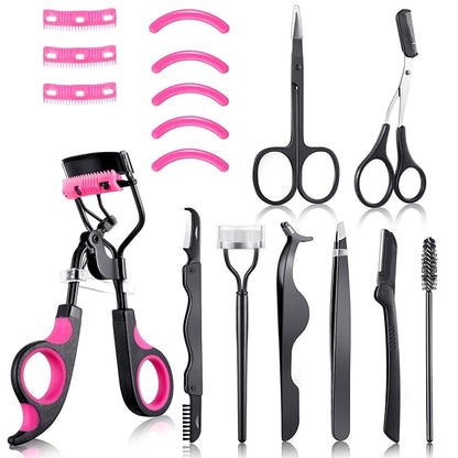 17 Pcs Eyelash Curlers Kit Lash Curler Eyelash Comb Seperator Extension Tweezers Eyebrow Brush Scissors False Eyelashes Applicator Eyebrow Trimmer Silicone Refills Pads for Women(Purple)