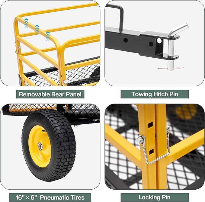 Jocisland Heavy Duty Garden Utility Trailer, 1500 Lbs 20 Cu.Ft ATV UTV Trailer Tow Behind Dump Cart with Removable Sides and Convenient Handle, Yard Lawn Mower Cart for Tractor