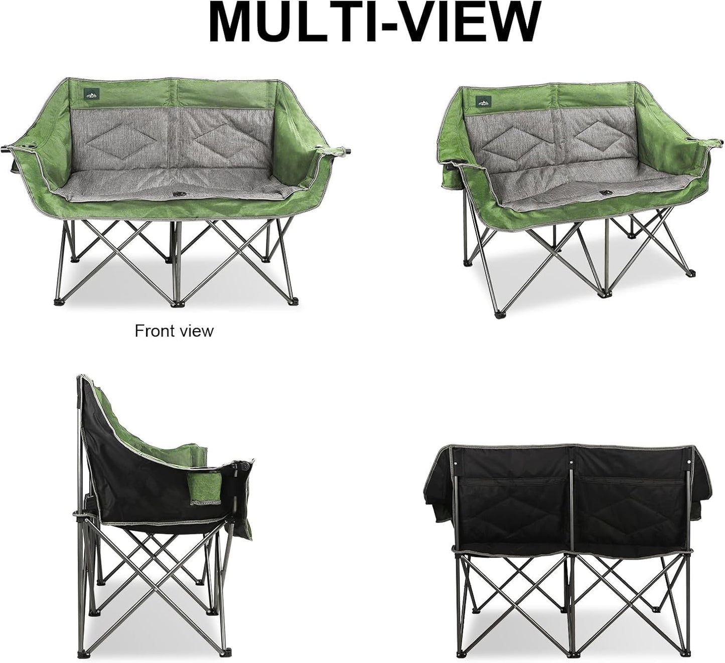 Northroad Folding Loveseat Camping Chair Portable Double Duo Full Padded Garden Chair for 2 Person Sofa w/ 2 Cup Holder,Wine Glass Holder,Mesh Storage,Support 600lbs for Picnic Beach Travel (Green)