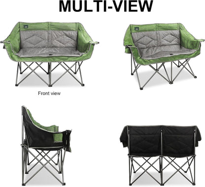 Northroad Folding Loveseat Camping Chair Portable Double Duo Full Padded Garden Chair for 2 Person Sofa w/ 2 Cup Holder,Wine Glass Holder,Mesh Storage,Support 600lbs for Picnic Beach Travel (Green)